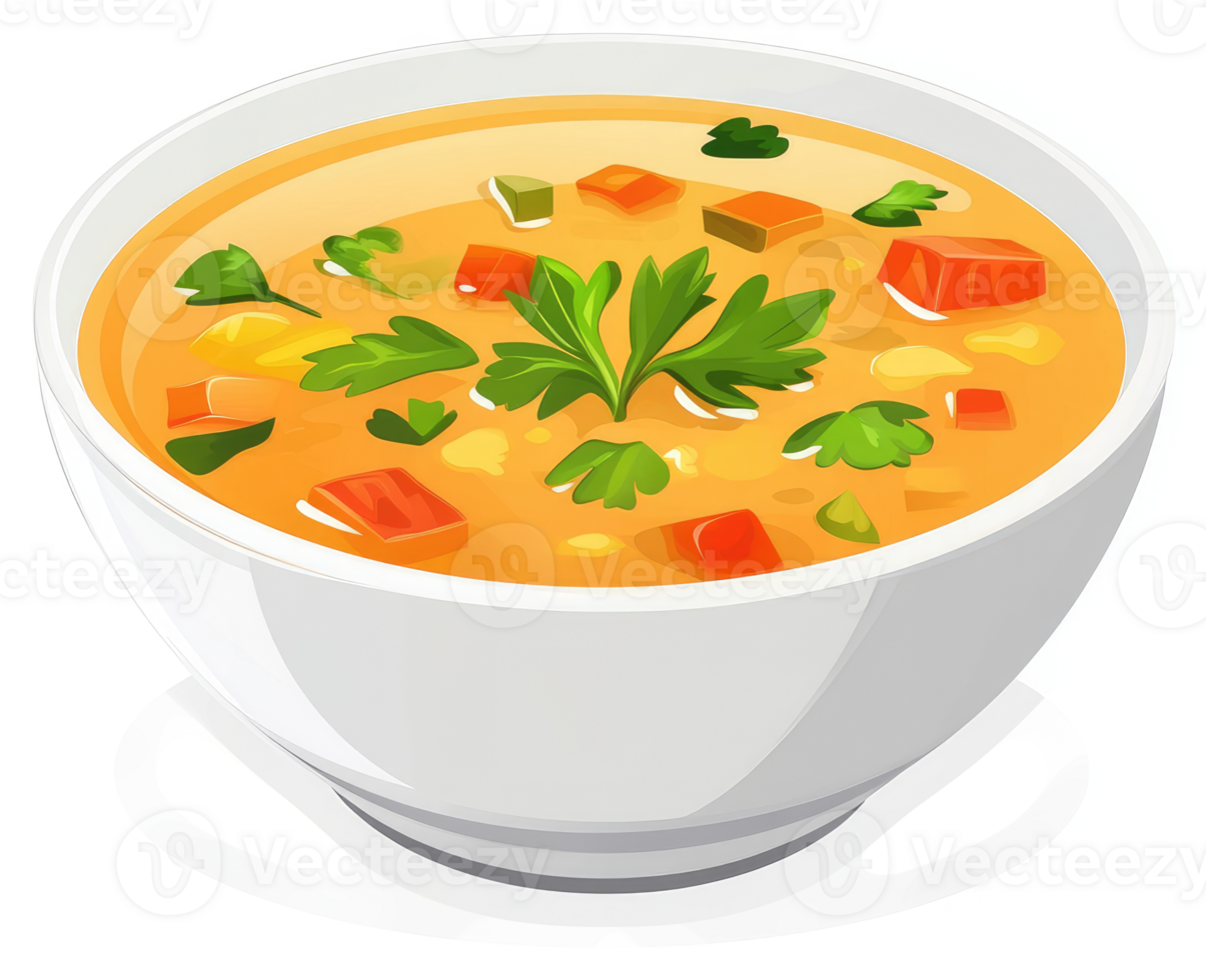 A bowl of creamy, vegetable-filled soup garnished with fresh parsley. png