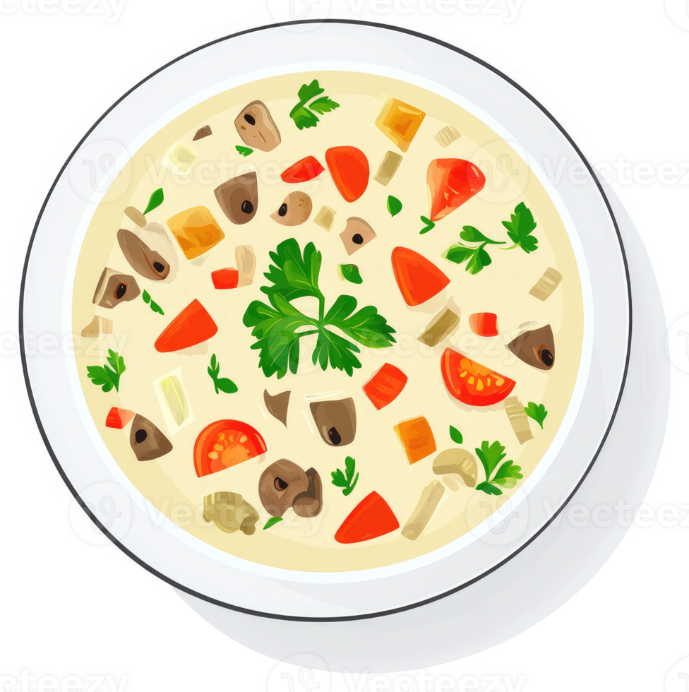 Creamy mushroom and vegetable soup in a white bowl. png