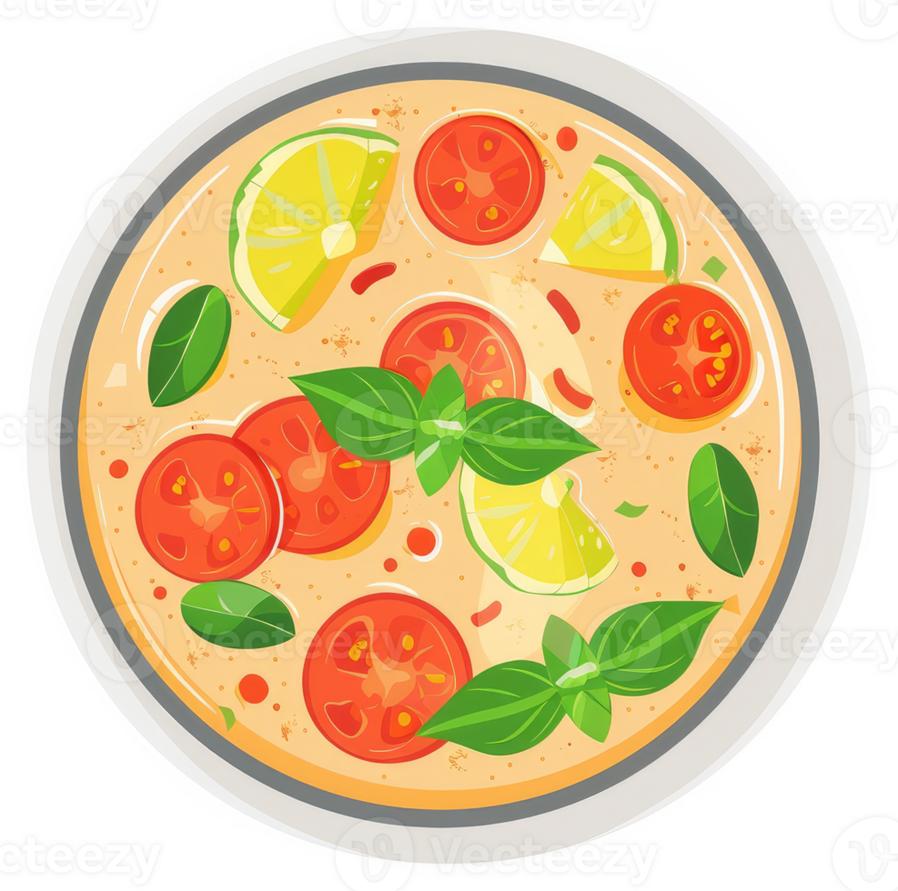 A flavorful bowl of creamy tomato soup garnished with fresh herbs and lime slices. png