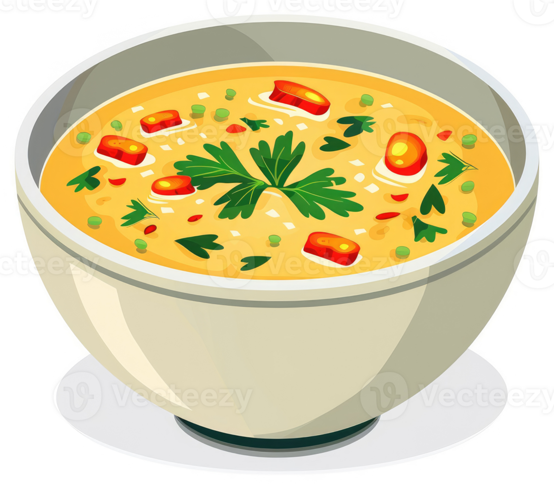A bowl of creamy soup, garnished with fresh herbs and vegetables. png
