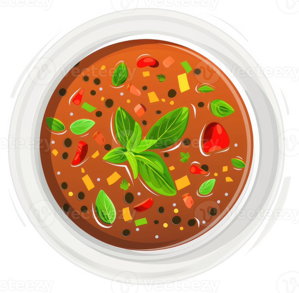 A vibrant bowl of hearty vegetable soup topped with fresh basil. png