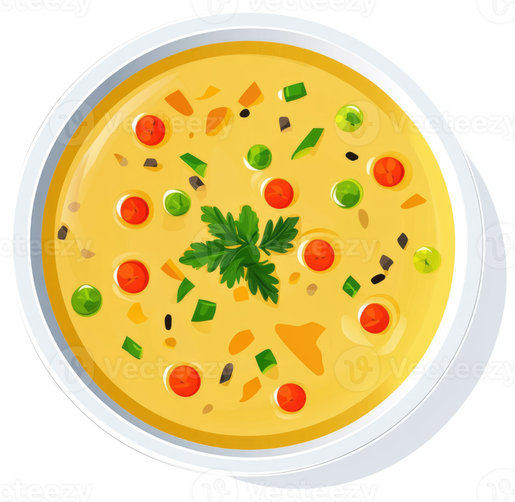 A bowl of creamy vegetable soup, garnished with fresh parsley. png