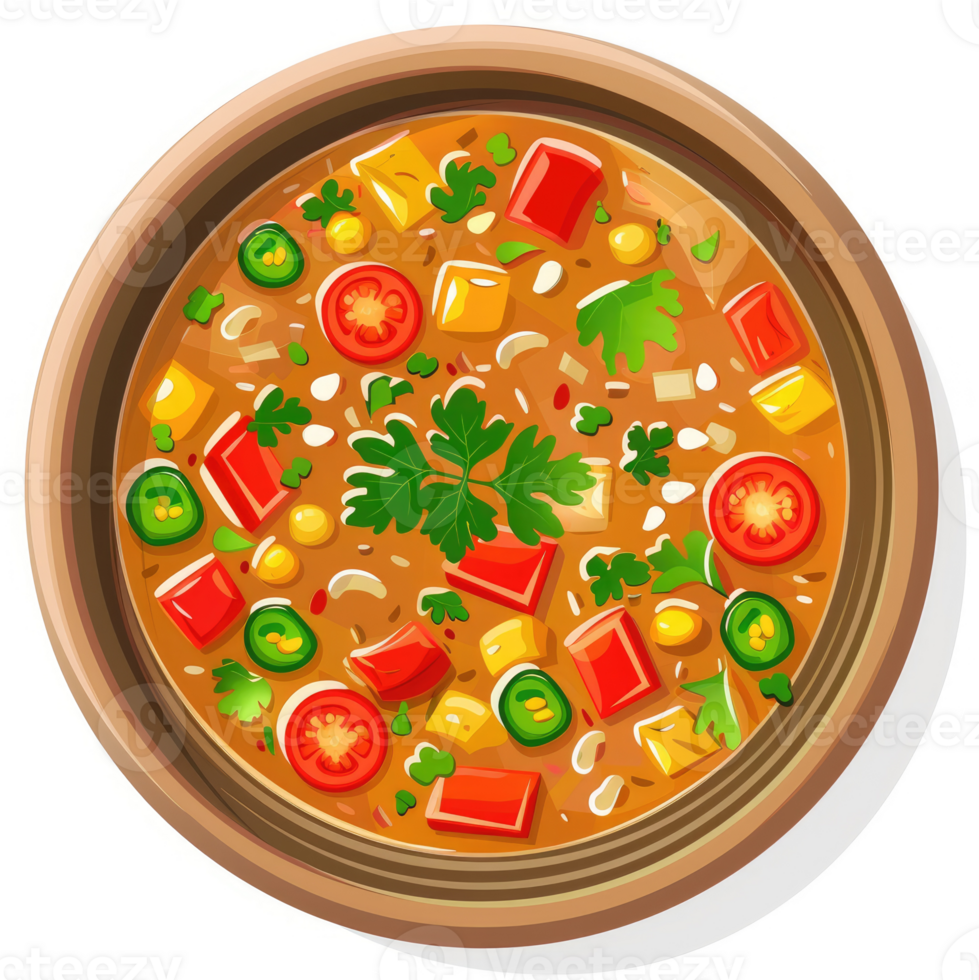 A hearty vegetable soup with corn, peppers, and tomatoes. png
