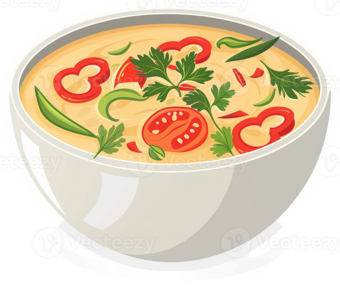 A bowl of flavorful soup topped with vegetables. png