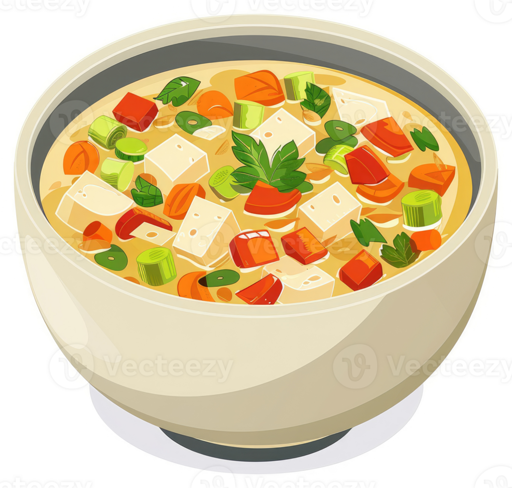 A bowl of hearty vegetable soup with tofu. png