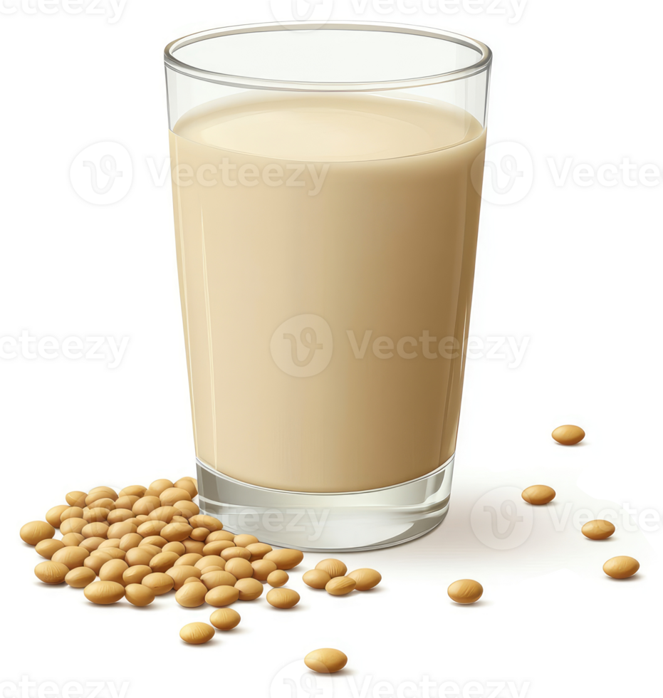 A glass of creamy soy milk alongside scattered soy beans. png