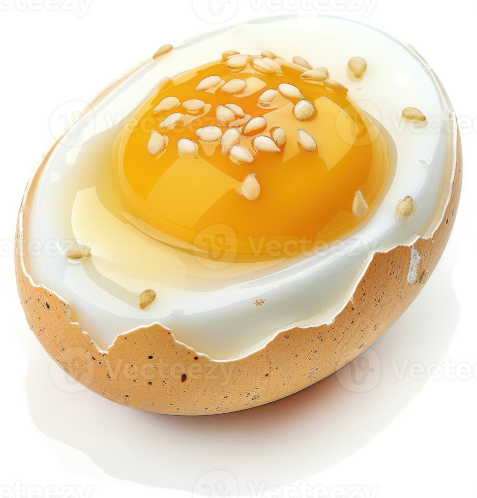 A half-cooked egg with a vibrant yolk and sesame seeds. png