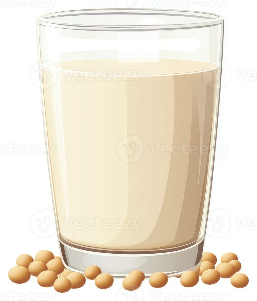 A glass of creamy soy milk with scattered soy beans. png