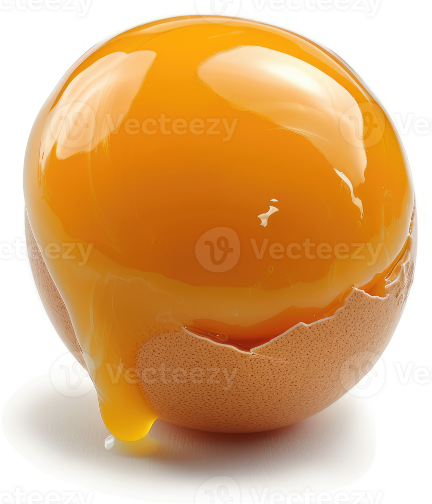 A broken egg with runny yolk dripping from the shell. png
