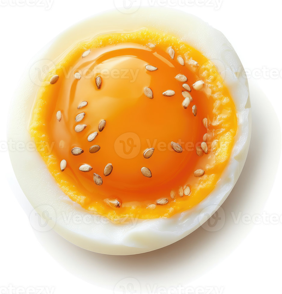 A halved hard-boiled egg, yolk side up, garnished with sesame seeds. png