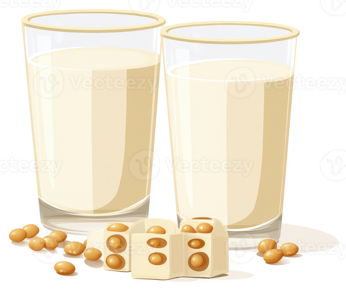 Two glasses of soy milk with soy beans and tofu. png