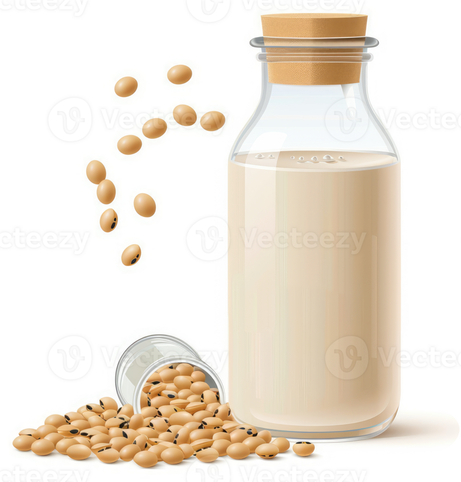 Soy milk made from soybeans, in a glass bottle. png