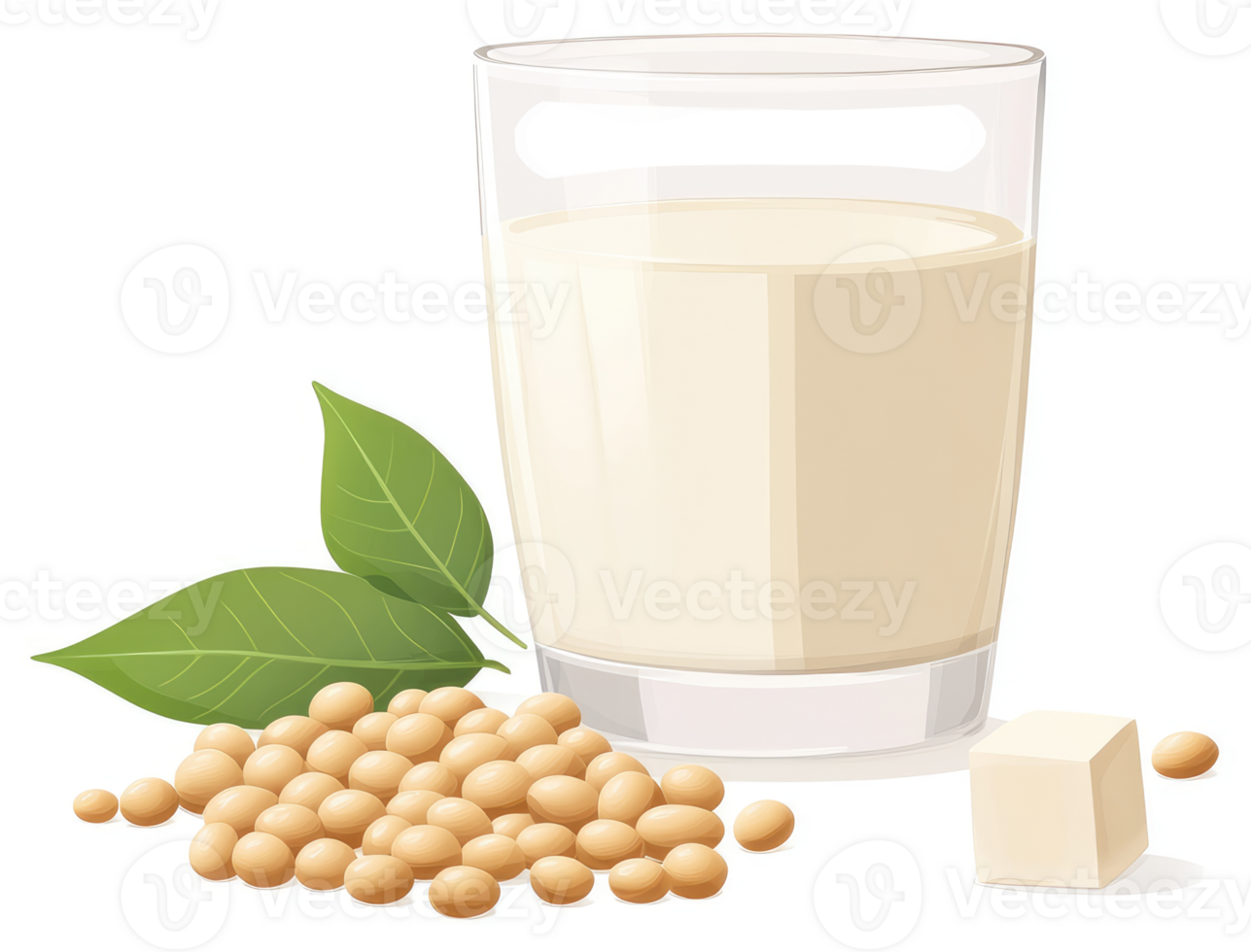 A glass of soy milk surrounded by soy beans and a cube of tofu. png
