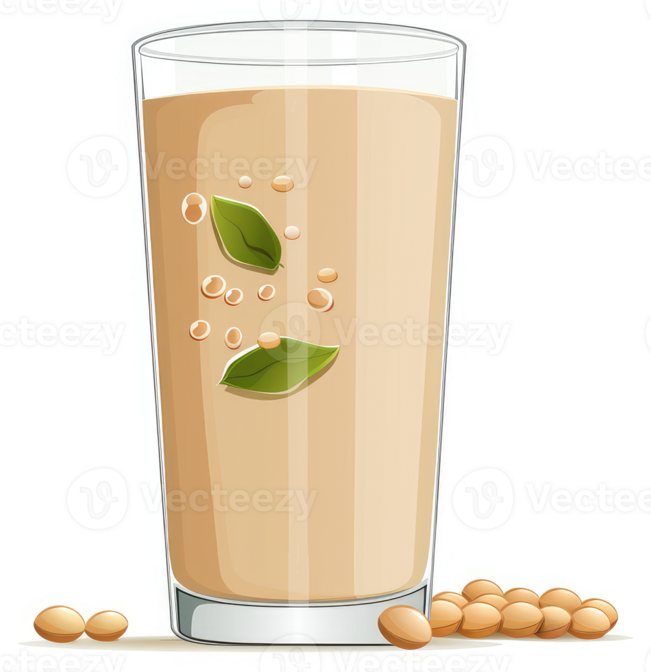 A glass of light beige soy beverage with soybean seeds and leaves. png