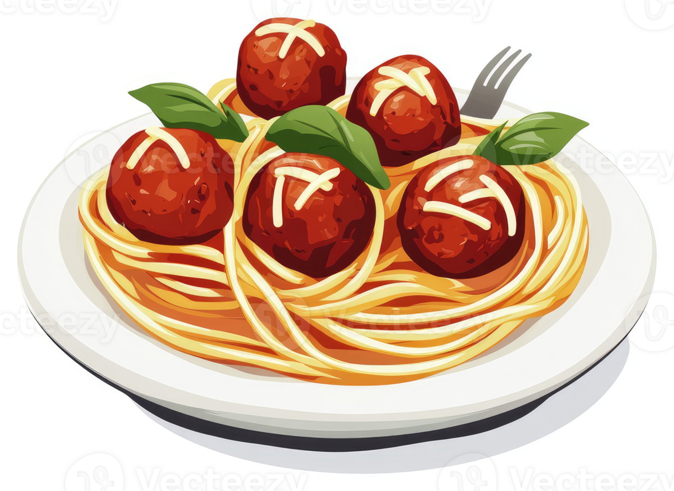 A plate of spaghetti with meatballs, garnished with fresh basil. png