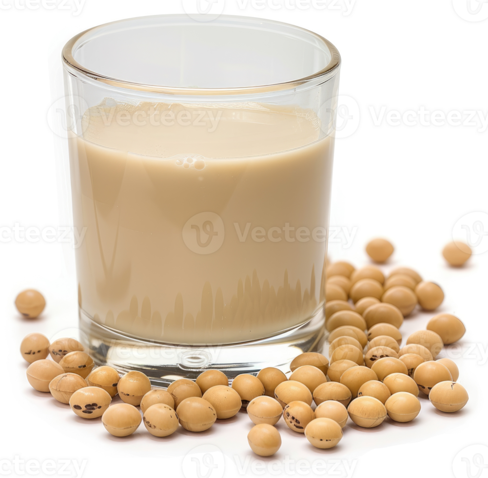 A glass of light beige soy milk surrounded by soy beans. png