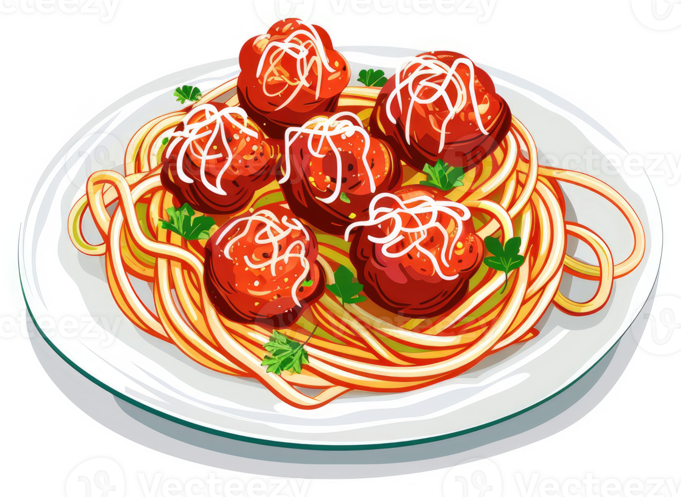 A plate of delicious spaghetti and meatballs topped with cheese. png