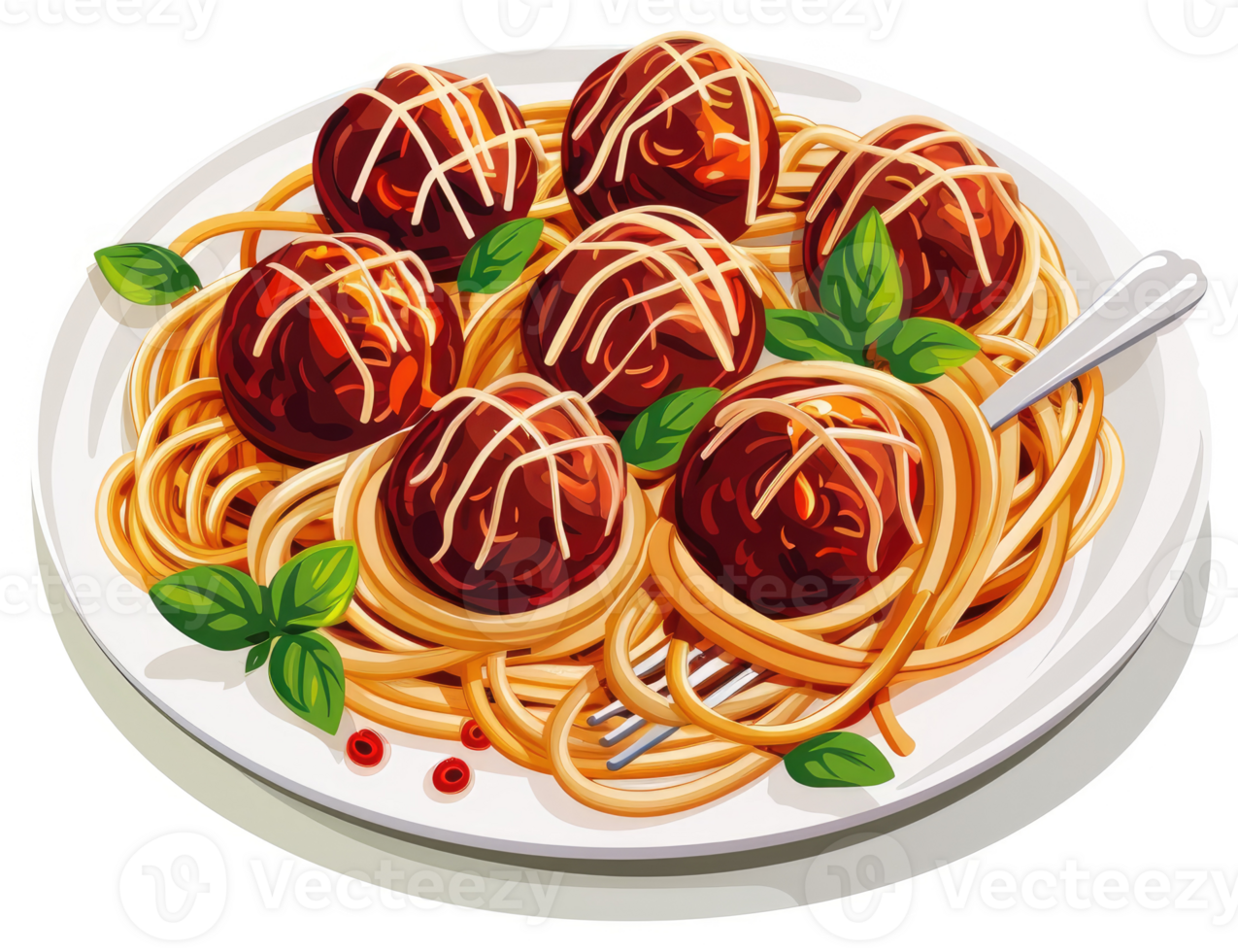 A plate of delicious spaghetti and meatballs with fresh basil. png