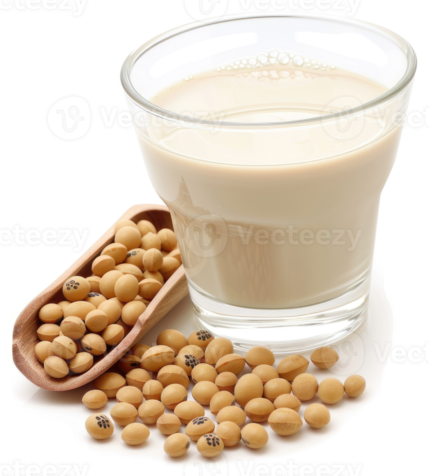 Soy milk in a glass with soybeans beside it. png
