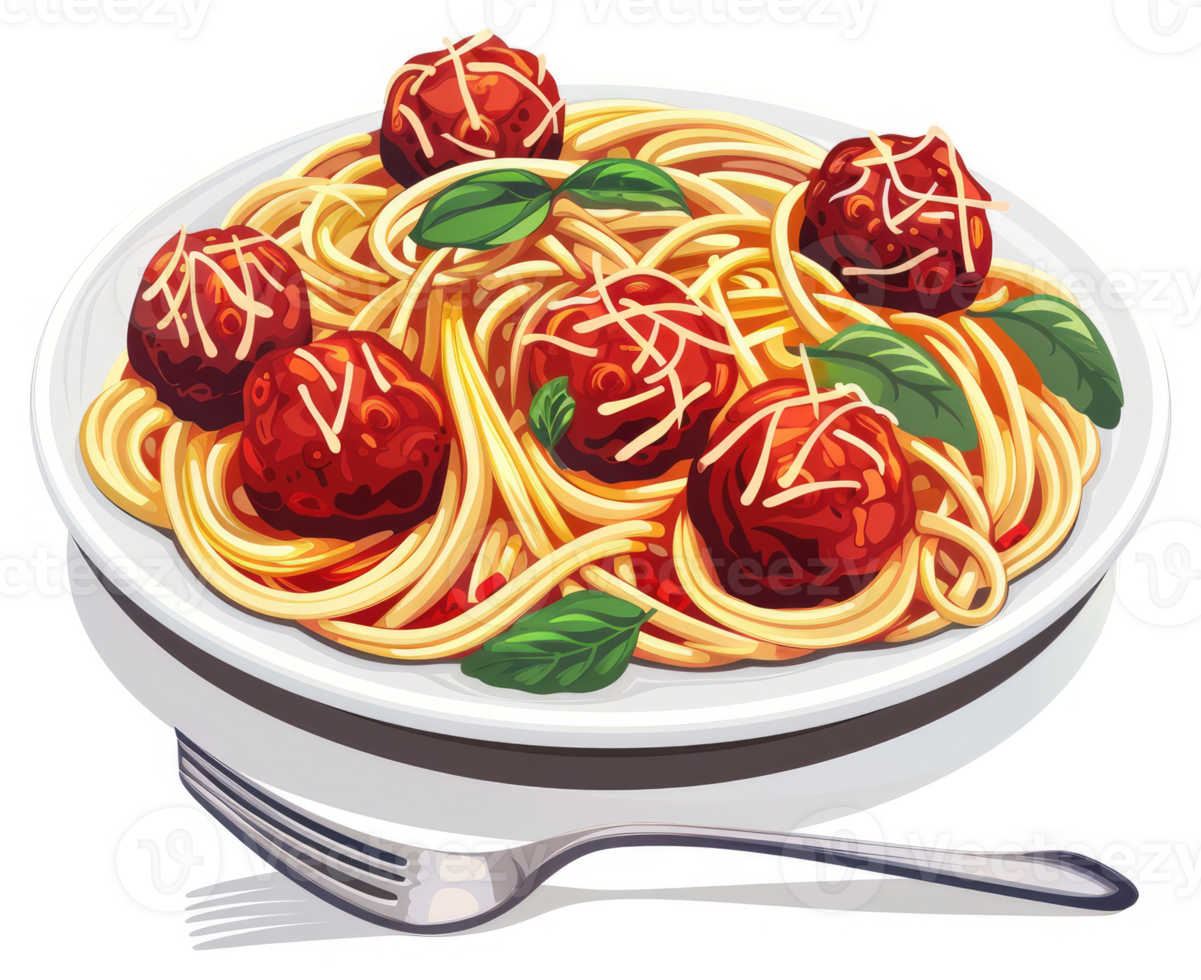 A plate of spaghetti with meatball's in a rich tomato sauce. png