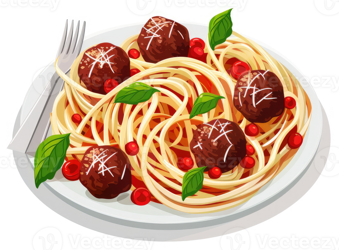 A plate of spaghetti and meatballs with sauce and herbs. png