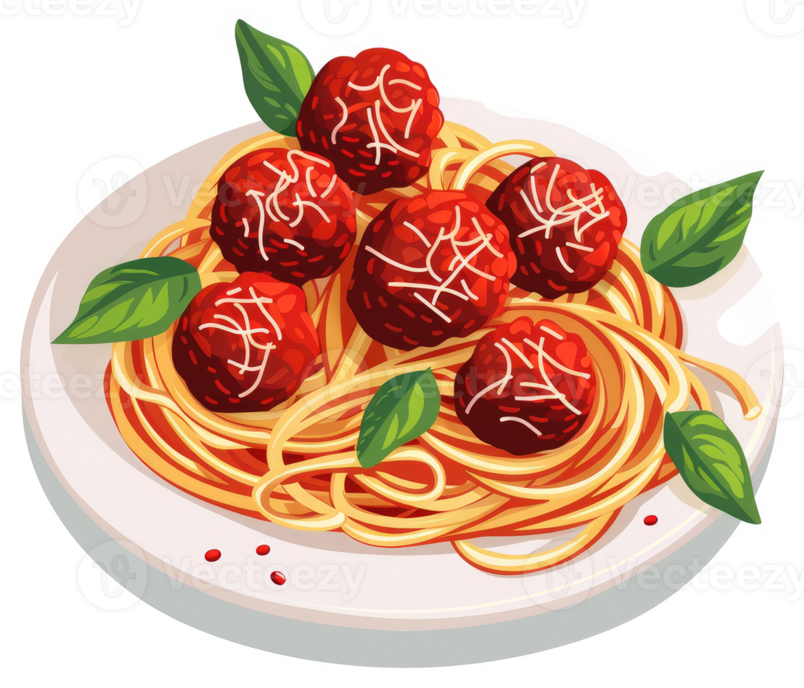 A plate of spaghetti with meatballs and basil garnish. png