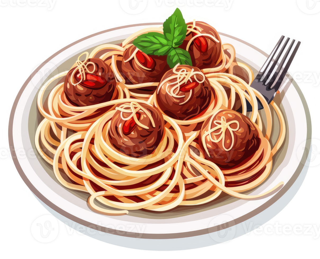 A plate of delicious spaghetti and meatballs. png