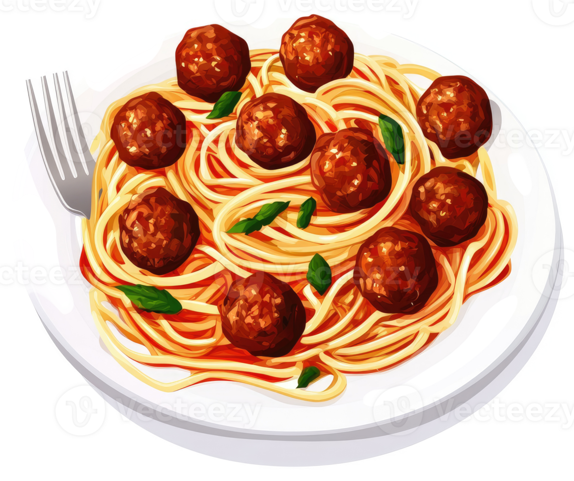 A plate of delicious spaghetti and meatballs with a fork. png