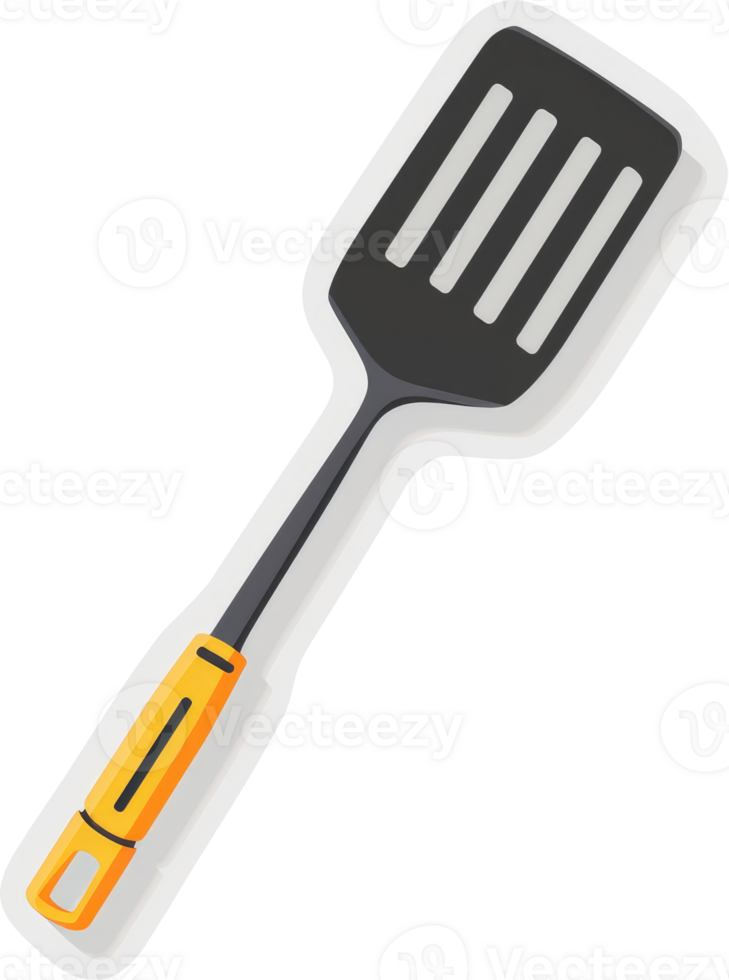 A colorful, simple illustration of a black spatula with a bright yellow handle. png