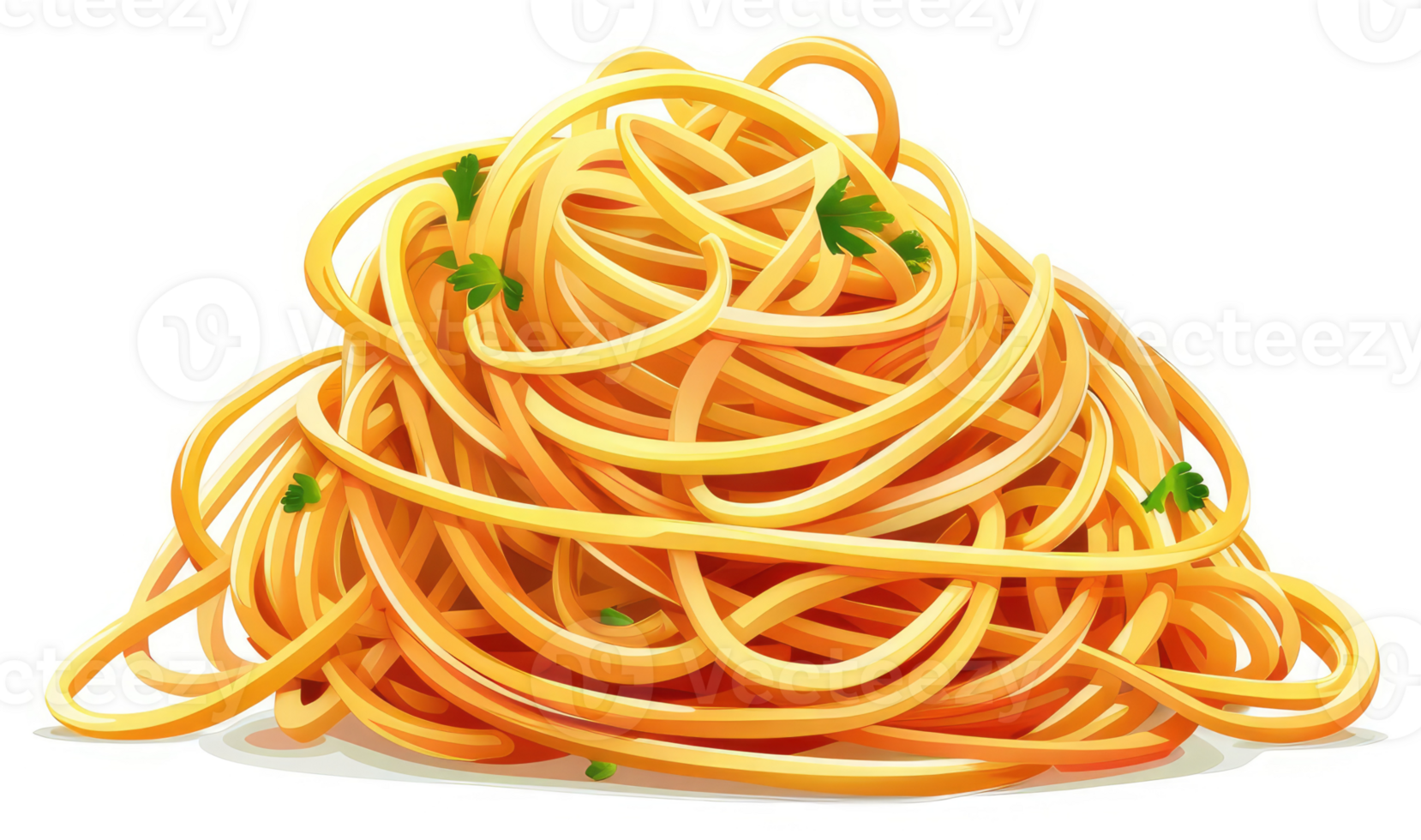 A heap of golden spaghetti strands, garnished with fresh herbs. png