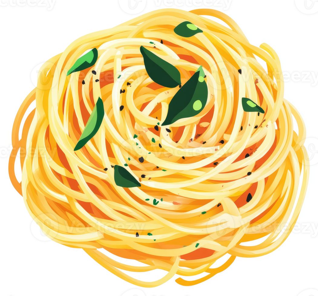 A vibrant depiction of a nest of cooked spaghetti topped with fresh herbs and spices. png