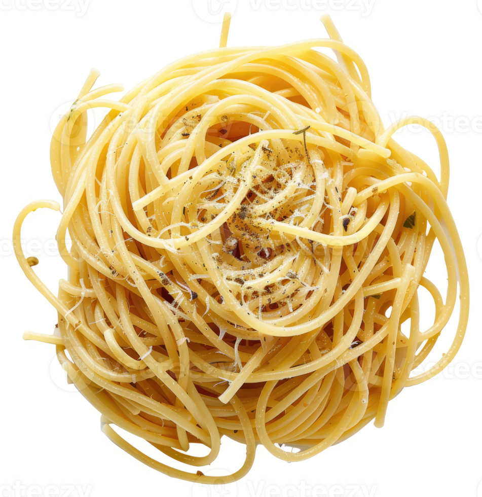 A nest of golden spaghetti tossed with cheese and pepper. png