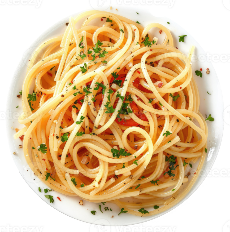 A bowl of garlicky spaghetti tossed with parsley, pepper, and red pepper flakes. png