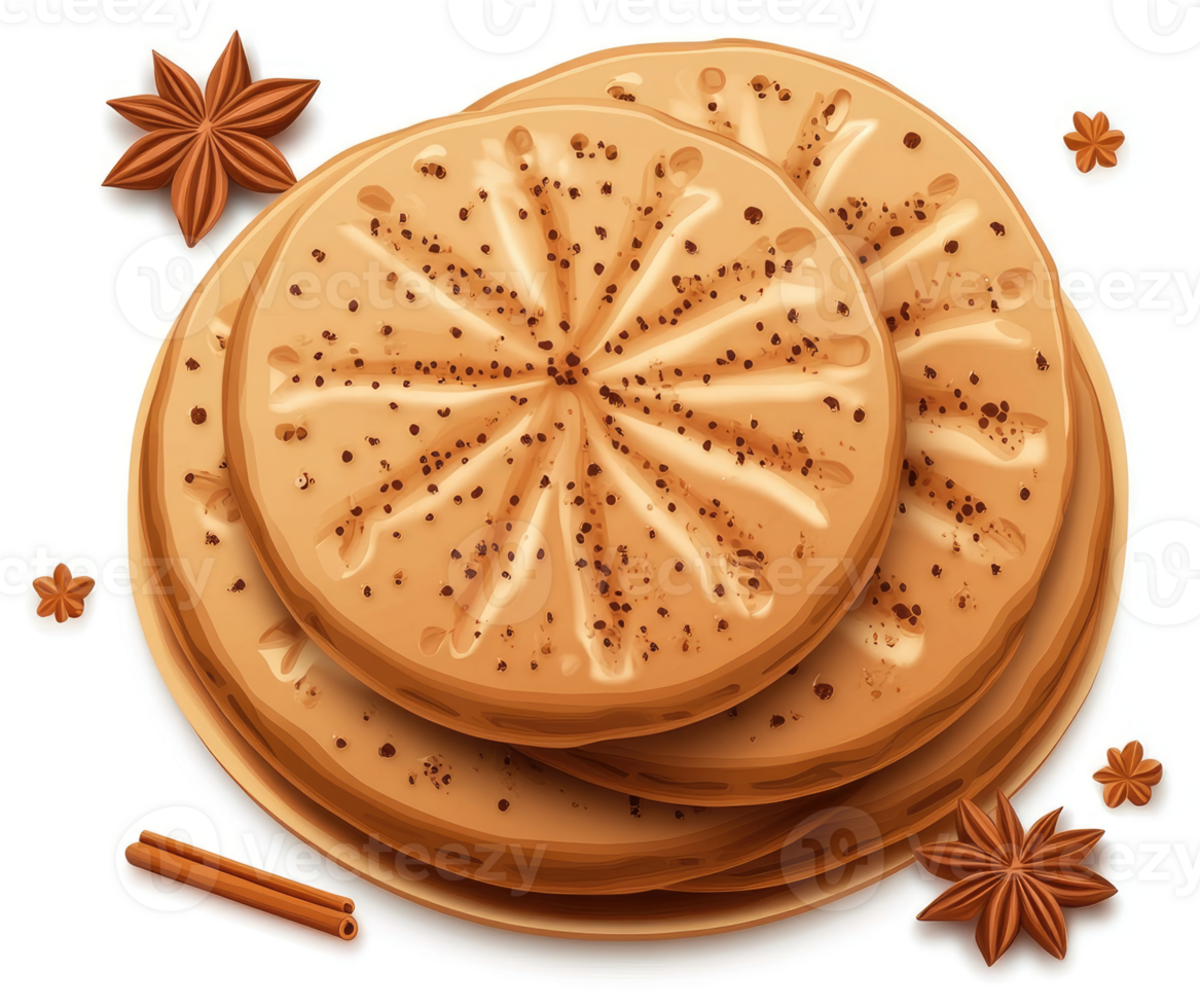 A stack of spiced, circular flatbreads adorned with star anise and cinnamon. png