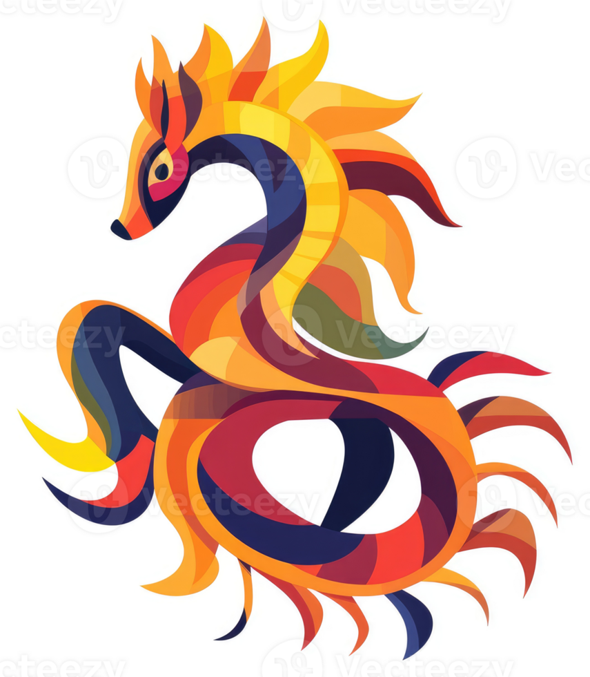 A vibrant, abstract illustration of a mythical creature with flowing, multicolored mane. png