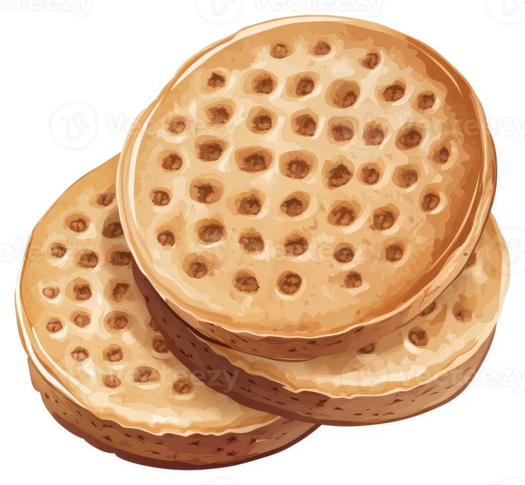 Two golden brown, round, honeycombed breakfast biscuits stacked. png
