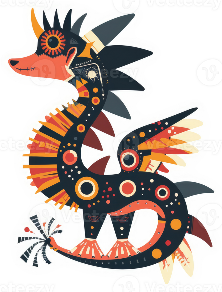 A vibrant, stylized dragon with intricate geometric patterns. png