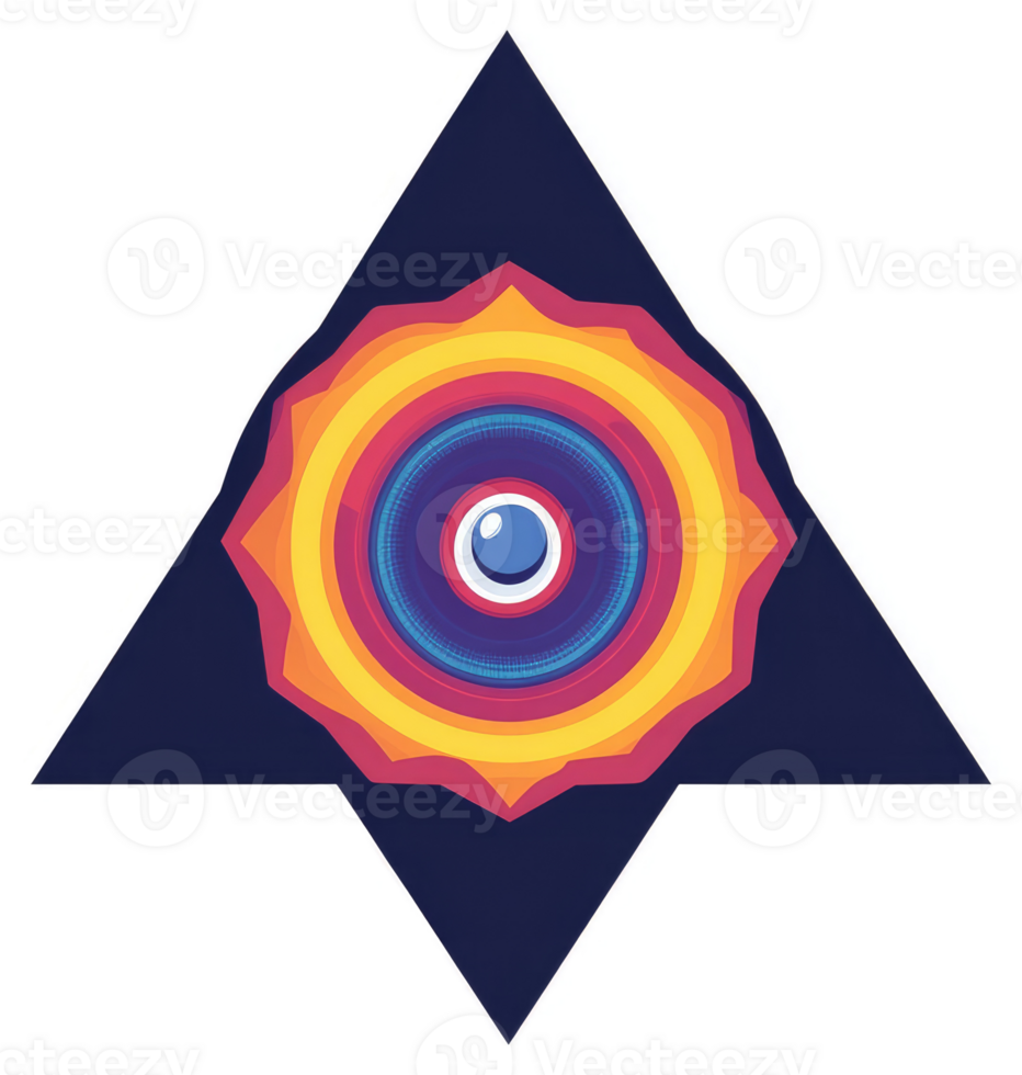 A vibrant, geometric logo featuring a multifaceted eye design within a triangular frame. png