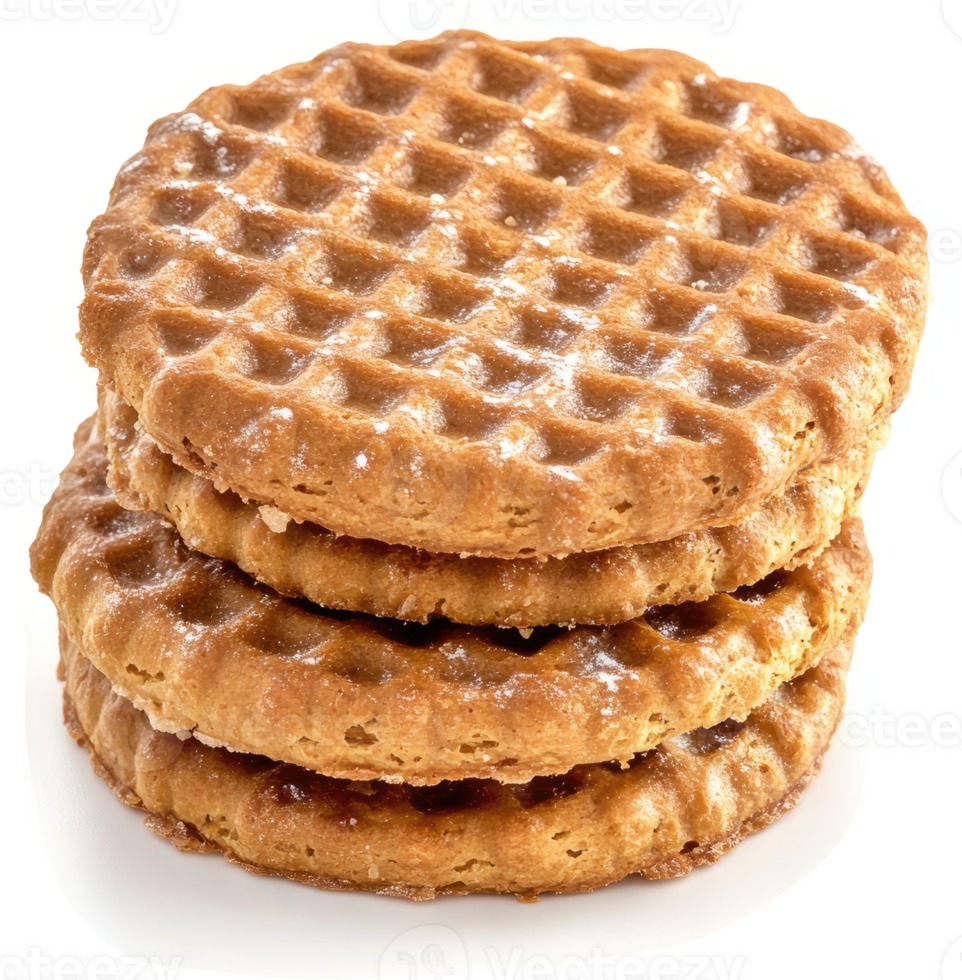 A stack of delicious, sugared, waffle-shaped cookies. png