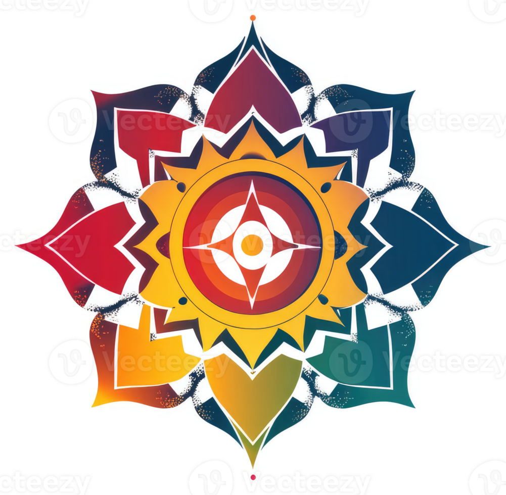 Vibrant mandala design with radiating colors. png