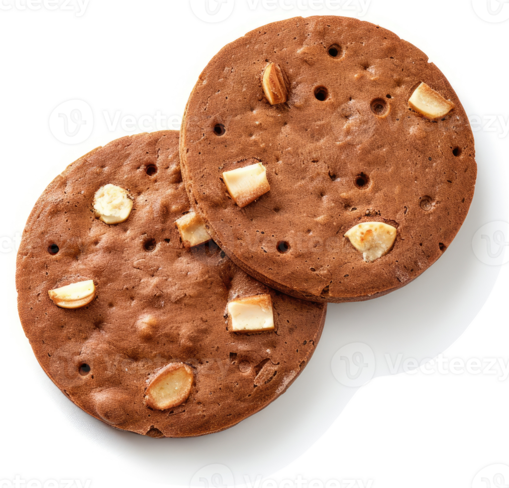 Two round, chocolate cookies topped with macadamia nuts. png