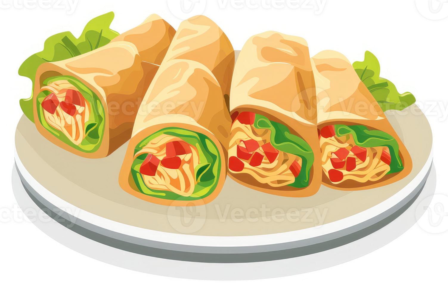 Four delicious spring rolls filled with savory vegetables and protein. png