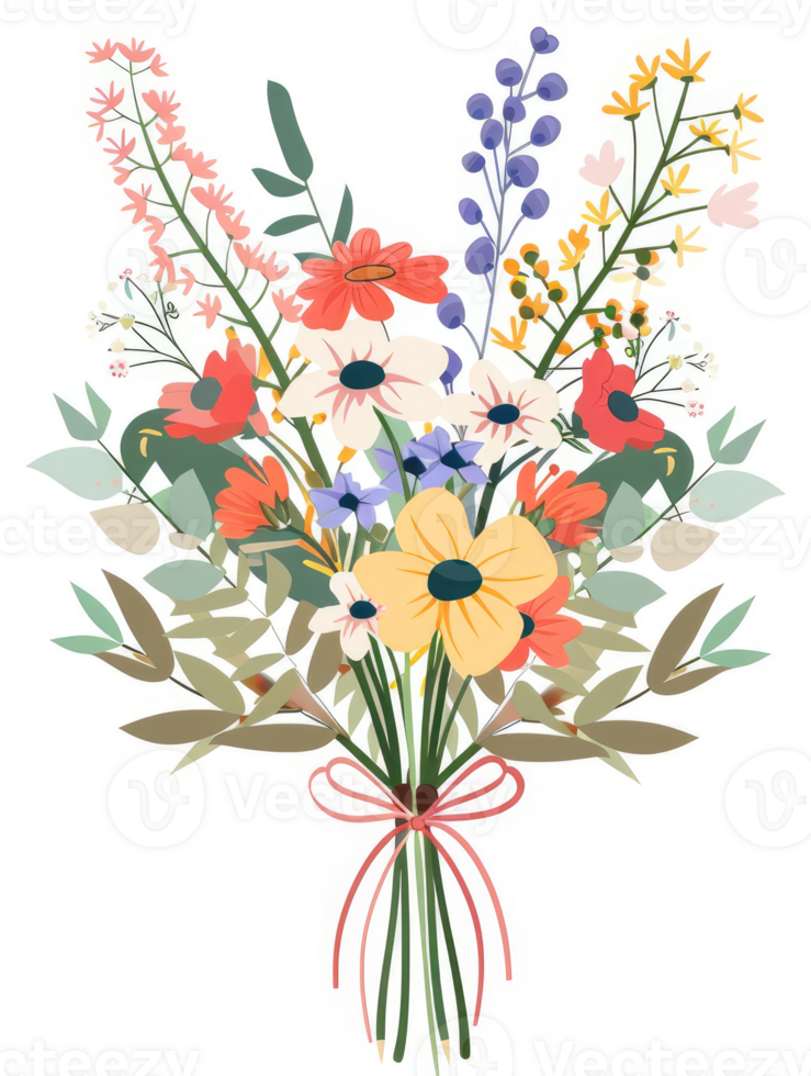 A vibrant bouquet of wildflowers tied with a ribbon. png