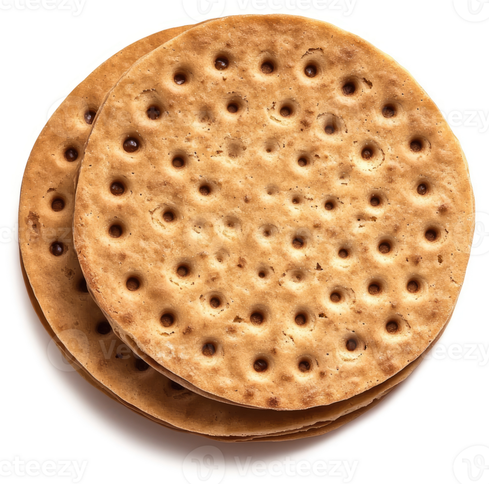 Two round, perforated cookies stacked on top of each other. png