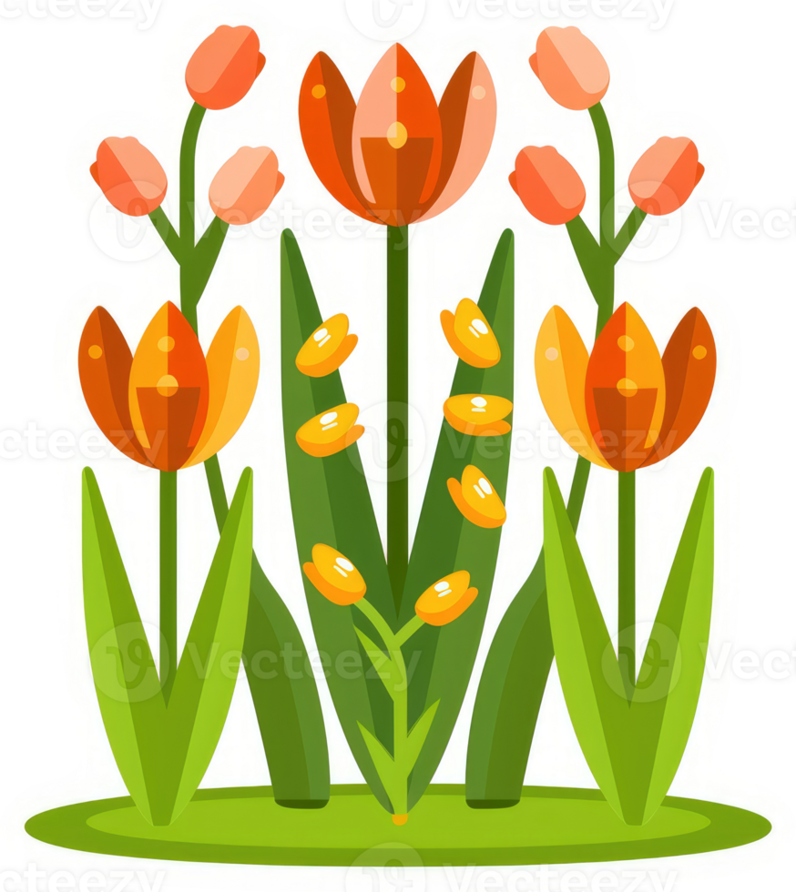 Vibrant springtime tulips and blossoms in a garden. png