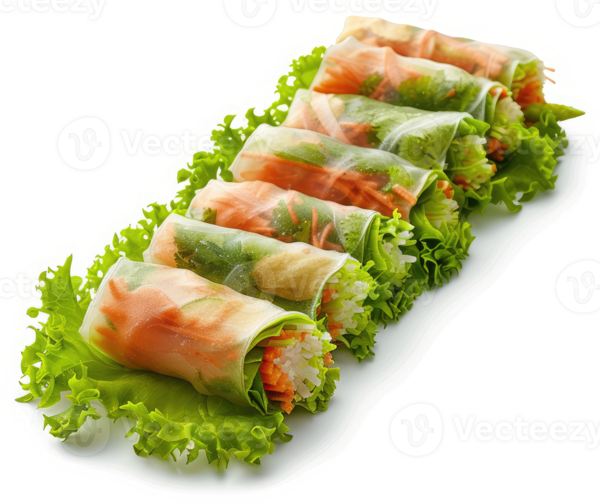 Fresh, colorful vegetable spring rolls served on a bed of lettuce. png