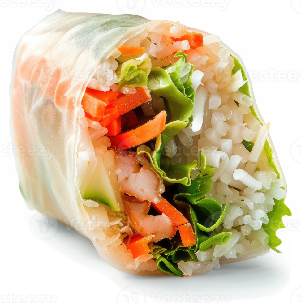 A delectable, fresh spring roll filled with rice, vegetables, and protein. png