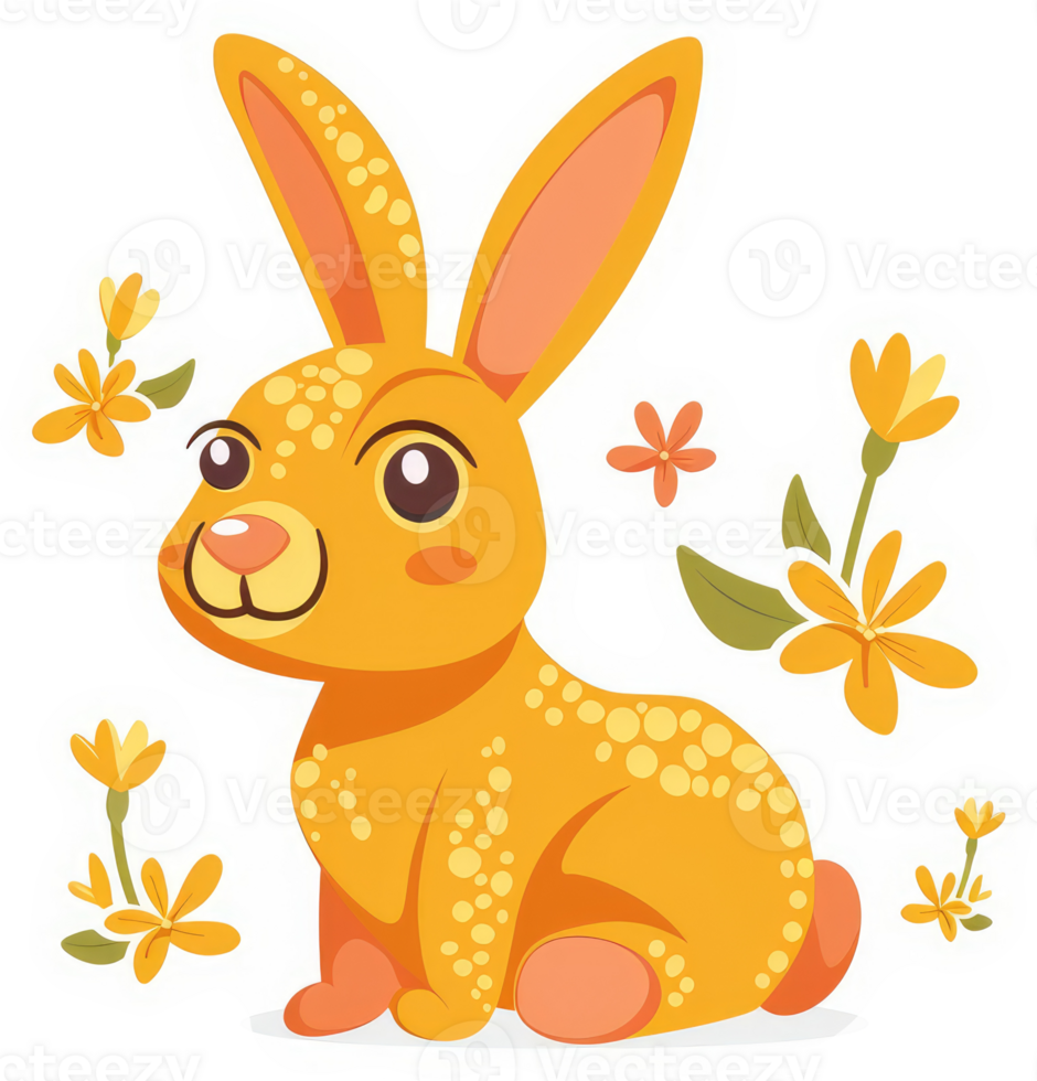 Adorable orange rabbit surrounded by flowers. png