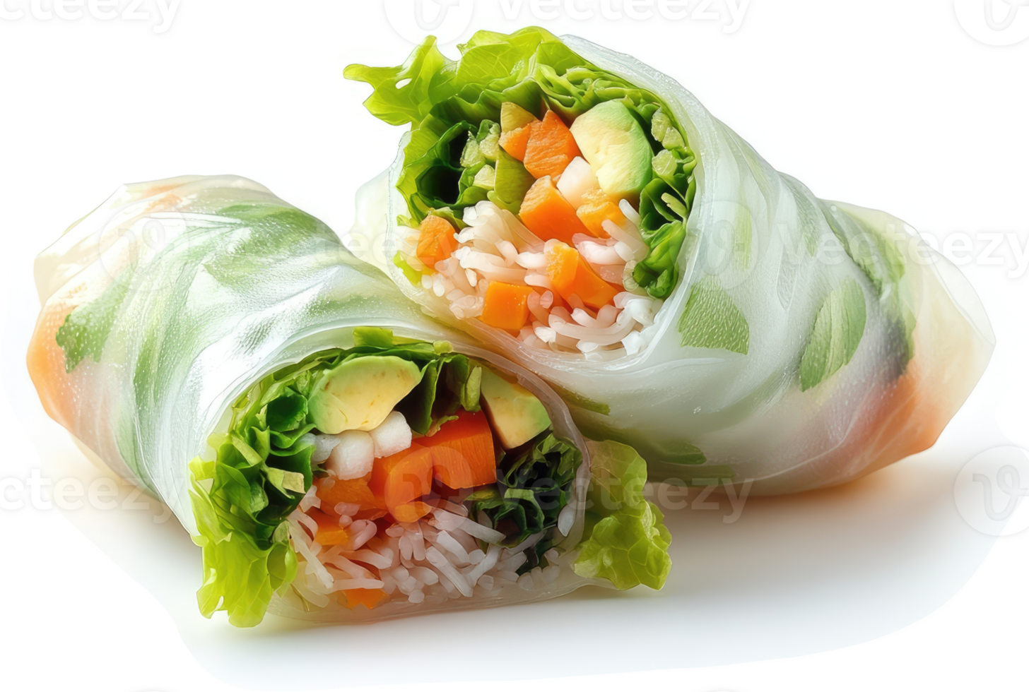 Fresh, vibrant vegetable spring rolls in translucent rice paper. png