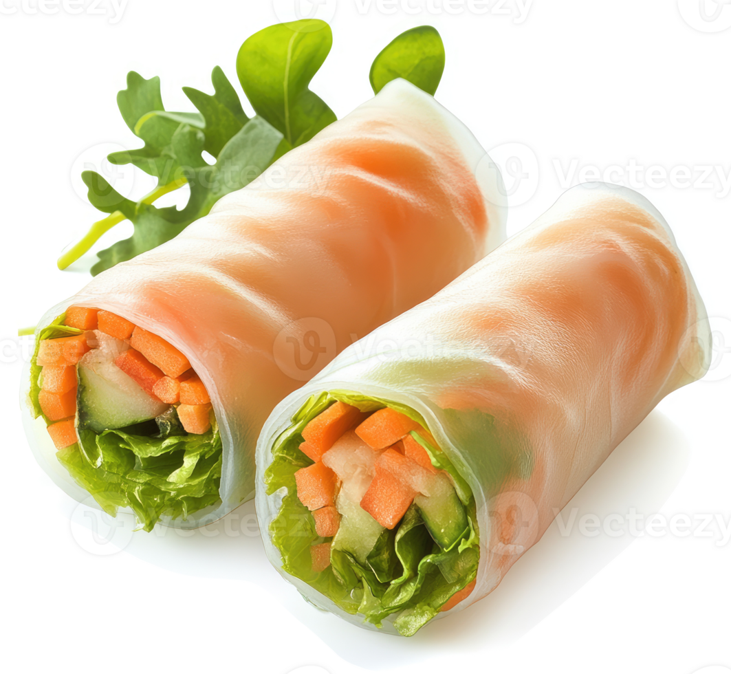 Two fresh vegetable spring rolls in a transparent rice paper wrapper. png